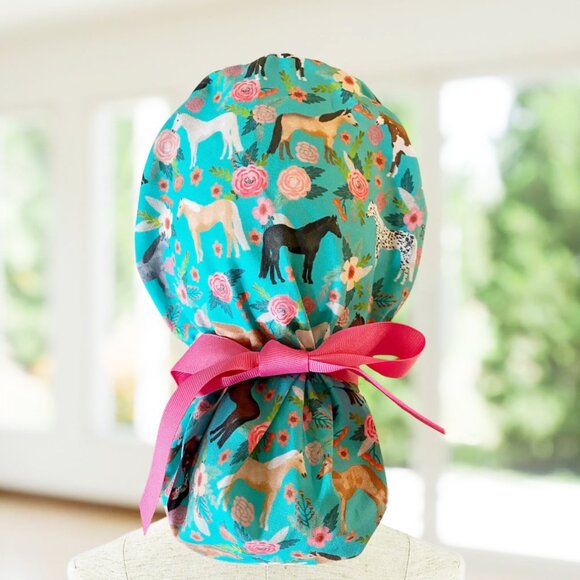 Horses & Roses ~ Ponytail Scrub Cap, Nurse Cap, Scrub Hat, OR, CNA, MD, Gift. - Picture 1 of 3